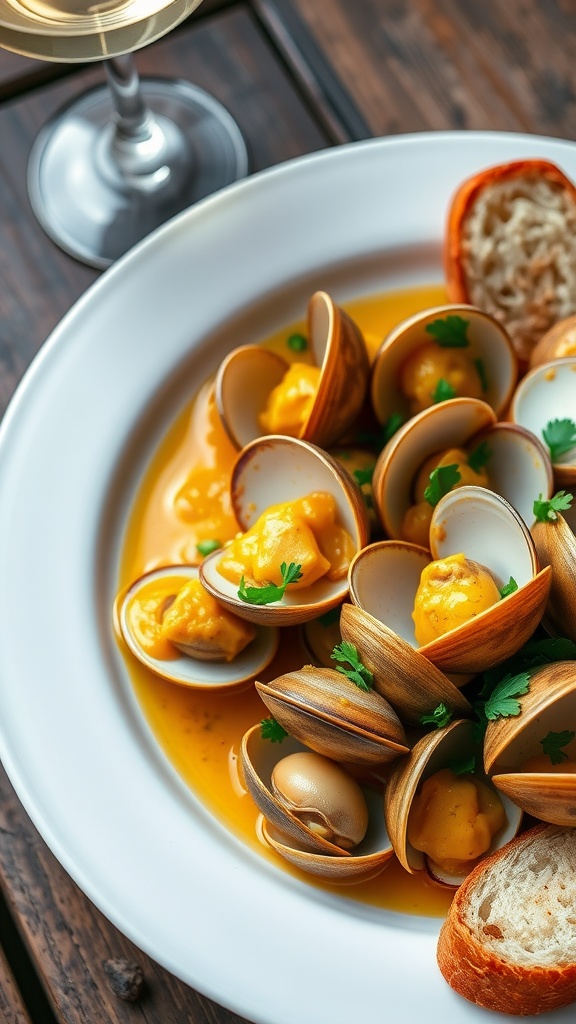 A plate of clams in garlic butter sauce with parsley and crusty bread on a rustic table.